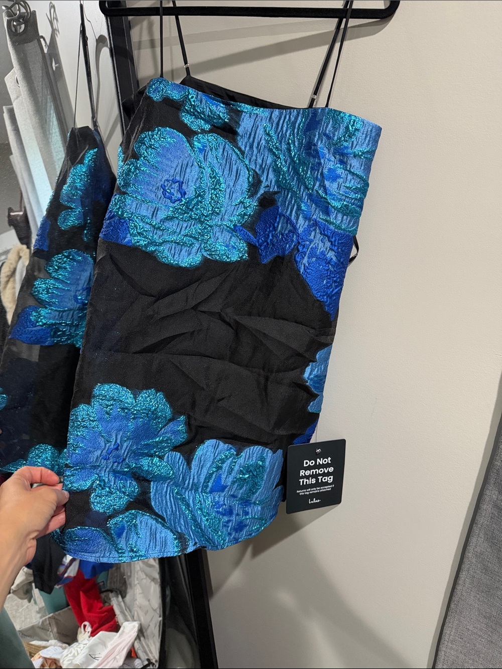 Lulu's Black Mini Dress with Blue Floral Jacquard